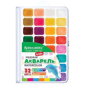 Краски акварельные BRAUBERG "KIDS NEW", медовые, 32 цвета (24 базовых + 8 перламутровых), квадратные кюветы, пластиковый пенал