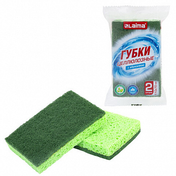 Губки для посуды 110х70х20 мм, ЦЕЛЛЮЛОЗНЫЕ + АБРАЗИВ, КОМПЛЕКТ 2 штуки, зеленые/зеленый абразив, LAIMA