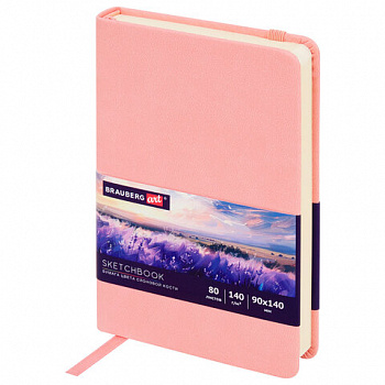 Скетчбук, слоновая кость 140 г/м2 90х140 мм, 80 л., КОЖЗАМ, резинка, BRAUBERG ART CLASSIC, пастель розовый