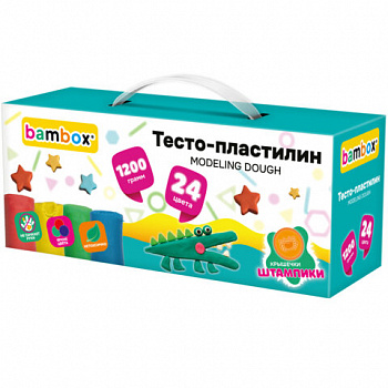 Тесто пластилин для лепки СУПЕР ПЛАСТИЧНОЕ, 24 цвета, 1200г, крышки-штампики, BAMBOX (БАМБОКС)