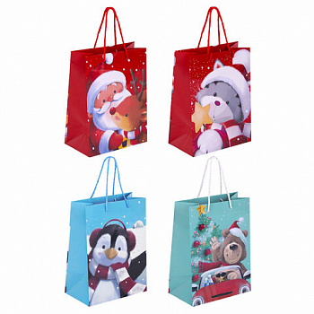Пакет подарочный НАБОР 4 штуки, новогодний, 18х10х23 см, "Christmas Animals", ЗОЛОТАЯ СКАЗКА