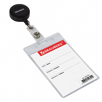 Бейдж вертикальный (90х60 мм), с держателем-рулеткой 70 см, BRAUBERG