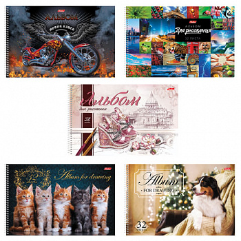 Альбом для рисования, А4, 32 листа, спираль, обложка картон, HATBER, 205х300 мм, "Ассорти" (5 видов), 051940, 32А4Всп