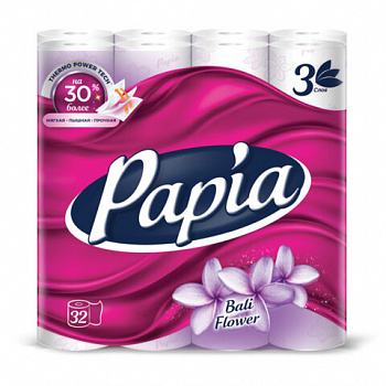 Бумага туалетная бытовая, спайка 32 шт., 3-слойная (32х16,5 м), PAPIA, аромат "Балийский цветок"
