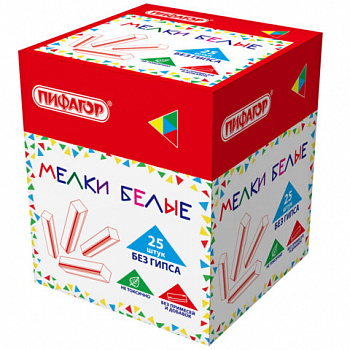 Мел белый БЕЗ ПРИМЕСЕЙ квадратный 25 штук, мягкое письмо, ПИФАГОР, картонная упаковка, х