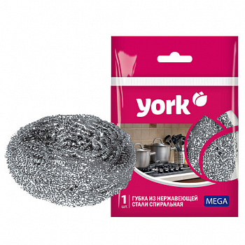 Губка (мочалка) металлическая, спиральная, 40г, МЕГА, для посуды, гриля, плиты, YORK,