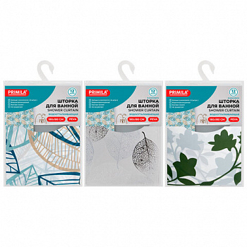 Шторка для ванной PEVA, 180х180 см, кольца в комплекте, 3 дизайна ассорти, РАСТЕНИЯ, PRIMILA (ПРИМИЛА)