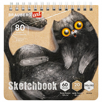 Скетчбук, белая бумага 120 г/м2 + крафт 80 г/м2 195х195 мм, 60 + 20 л., гребень, BRAUBERG ART DEBUT