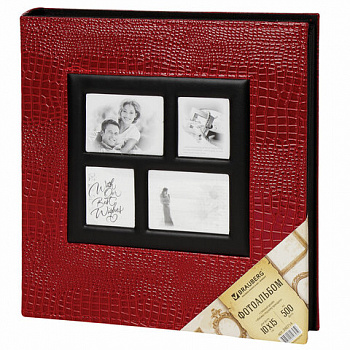 Фотоальбом BRAUBERG на 500 фотографий 10х15 см, обложка под кожу крокодила, рамка для фото, красный