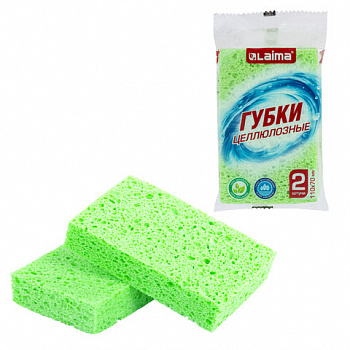 Губки для посуды 110х70х20 мм, ЦЕЛЛЮЛОЗНЫЕ, КОМПЛЕКТ 2 штуки, зеленые, LAIMA
