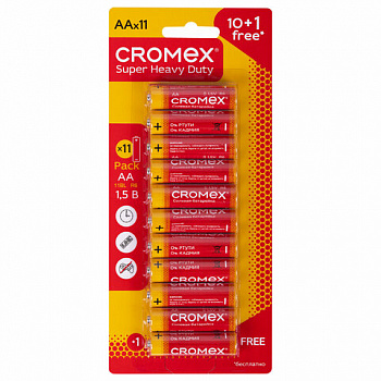 Батарейки солевые "пальчиковые" КОМПЛЕКТ 10+1 шт., CROMEX (КРОМЕКС) Super Heavy Duty, AA (R6,15A), блистер