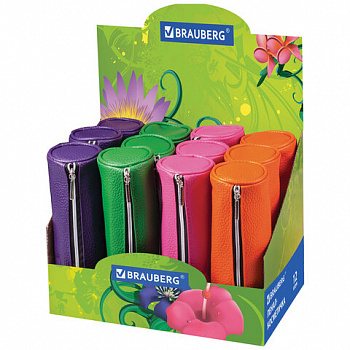 Пенал-косметичка BRAUBERG под фактурную кожу, ассорти 4 цвета, "Экзотика", 20х6х6 см, дисплей