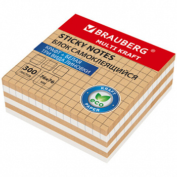 Блок самоклеящийся крафтовый (стикеры) BRAUBERG, MULTI KRAFT 76х76 мм, 300 листов