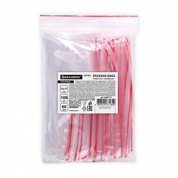 Пакеты ZIP LOCK "зиплок" ПРОЧНЫЕ, комплект 100 шт., 120х170 мм, ПВД, 60 мкм, BRAUBERG EXTRA