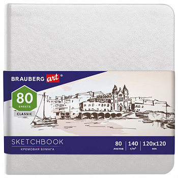 Скетчбук, слоновая кость 140 г/м2 120х120 мм, 80 л., КОЖЗАМ, резинка, BRAUBERG ART CLASSIC, белый