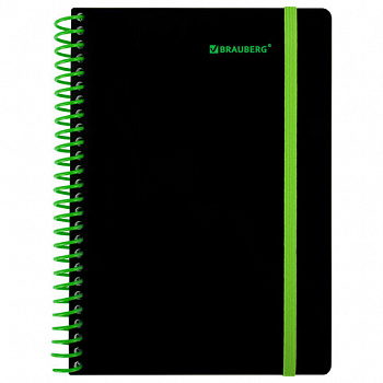 Тетрадь обложка пластик, А5 80 л., спираль пластик, резинка, клетка, BRAUBERG, черный/зеленый