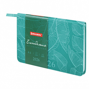Еженедельник датированный 2026 МАЛЫЙ ФОРМАТ 95х155 мм, А6, BRAUBERG "Foliage", под кожу, бирюза