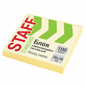 Блок самоклеящийся (стикеры) STAFF STANDARD, ПАСТЕЛЬНЫЙ 76х76 мм, желтый, 100 листов