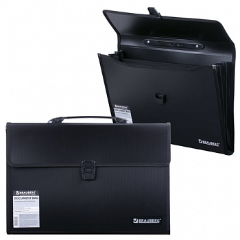 Папка-портфель пластиковая BRAUBERG А4+ (390х260х40 мм), 3 отделения, фактура линейная, черная