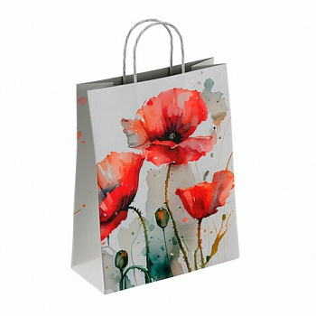 Крафт-пакет бумажный "Маки" 22х12х25 см, с кручеными ручками, плотность 100 г/м2, белый