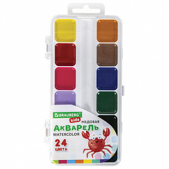 Краски акварельные BRAUBERG KIDS, медовые, 24 цвета, квадратные кюветы, пластиковый пенал