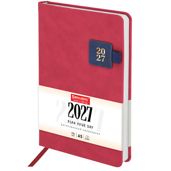 Ежедневник датированный 2027 А5 138х213мм BRAUBERG Accent под кожу, держатель для ручки, красный/синий