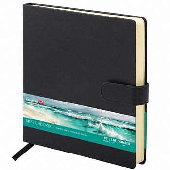 Скетчбук, слоновая кость 140 г/м2, 200х200 мм, 80 л., КОЖЗАМ, застежка, BRAUBERG ART CLASSIC, черный