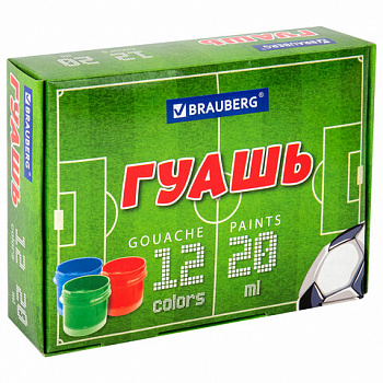 Гуашь BRAUBERG "Футбол", 12 цветов по 20 мл