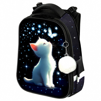Ранец BRAUBERG PREMIUM, 2 отделения, с брелком, "White kitten", СВЕТЯЩИЙСЯ, 38х29х16 см