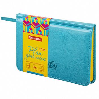 Еженедельник датированный 2026, МАЛЫЙ ФОРМАТ 95х155 мм, А6, BRAUBERG "Rainbow", под кожу, бирюза