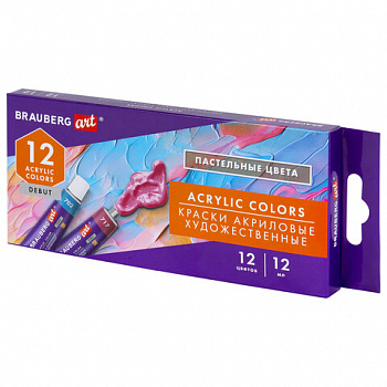 Краски акриловые художественные 12 ПАСТЕЛЬНЫХ цветов в тубах по 12 мл, BRAUBERG ART "DEBUT"