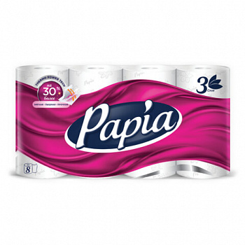 Бумага туалетная бытовая, спайка 8 шт., 3-слойная (8х16,5 м), PAPIA