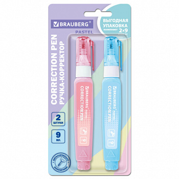Ручка-корректор 9 мл ВЫГОДНАЯ УПАКОВКА, КОМПЛЕКТ 2 штуки, BRAUBERG Pastel
