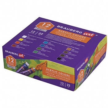 Краски акриловые художественные, НАБОР 12 штук по 22 мл, в тубах, BRAUBERG ART DEBUT