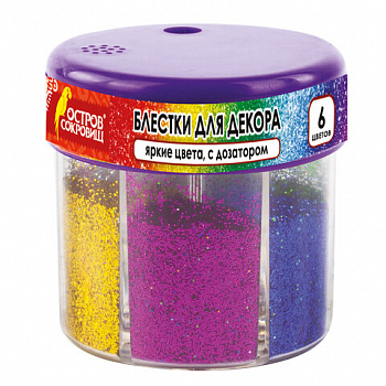 Блестки (глиттер) для декора, поделок, DIY, творчества, оформления, ОСТРОВ СОКРОВИЩ, диспенсер с дозатором, 6 цветов по 10 грамм