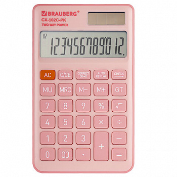 Калькулятор карманный BRAUBERG CX-102C-PK (76x126 мм), 12 разрядов, двойное питание, РОЗОВЫЙ
