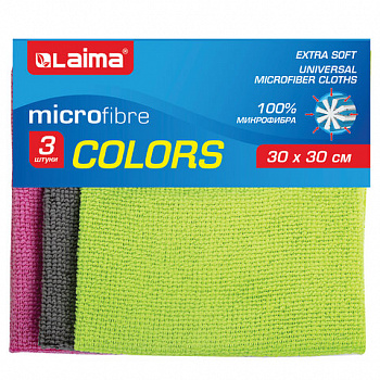 Салфетки из МИКРОФИБРЫ универсальные, 30х30 см, КОМПЛЕКТ 3 шт., ассорти (розовый, зеленый, серый), 180 г/м2, LAIMA