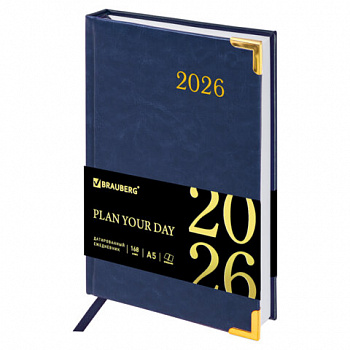 Ежедневник датированный 2026, А5, 138x213 мм, BRAUBERG "Senator", под кожу, синий