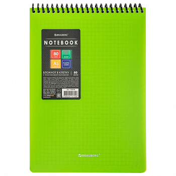 Блокнот А5 80 л., спираль пластиковая, обложка пластик, клетка, BRAUBERG "Metropolis", ЗЕЛЕНЫЙ