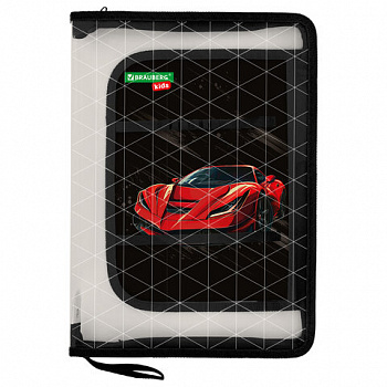 Папка для труда на молнии BRAUBERG KIDS А4, 1 отделение, прозрачная, органайзер, "Red car"