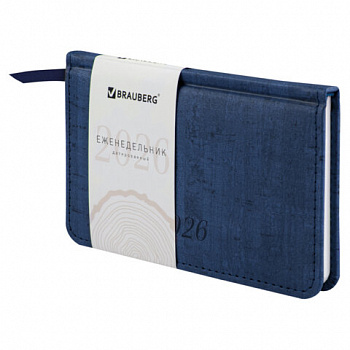 Еженедельник датированный 2026 МАЛЫЙ ФОРМАТ 95х155 мм, А6, BRAUBERG "Wood", под кожу, синий