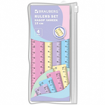 Линейки пластиковые 15 см пастельные BRAUBERG, НАБОР 4 штуки, непрозрачные, пенал