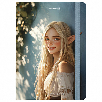 Скетчбук, белая бумага 80 г/м2, 145х203 мм, 80 л., резинка, твердый, BRAUBERG ART, "Эльфийка"