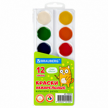 Краски акварельные BRAUBERG 12 цветов "Кот-Энтузиаст", медовые, круглые кюветы