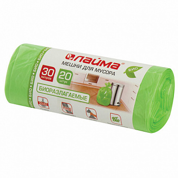 Мешки для мусора биоразлагаемые 30 л, зеленые, в рулоне 20 шт. прочные, ПНД 11 мкм, 50х60 см, LAIMA
