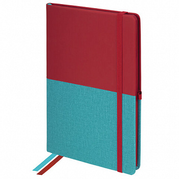 Блокнот А5 (148х218 мм), BRAUBERG "DUO", под кожу с резинкой 80 л., клетка, красный/бирюзовый