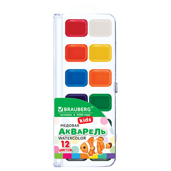 Краски акварельные BRAUBERG "KIDS NEW", медовые, 12 цветов, квадратные кюветы, пластиковый пенал,192796