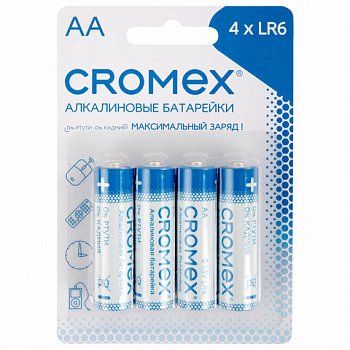 Батарейки алкалиновые "пальчиковые" КОМПЛЕКТ 4 шт., CROMEX (КРОМЕКС) Alkaline, AA (LR6, 15A), блистер