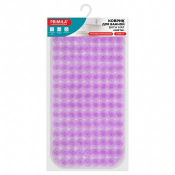 Коврик для ванны противоскользящий 71х38 см, массажный, "Цветы", прозрачно-фиолетовый, ПВХ, PRIMILA (ПРИМИЛА)
