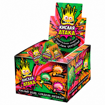 Конфета жевательная КИСЛАЯ АТАКА с кислым центром, ассорти 3 вкусов, 4,5 г, KA-1-1